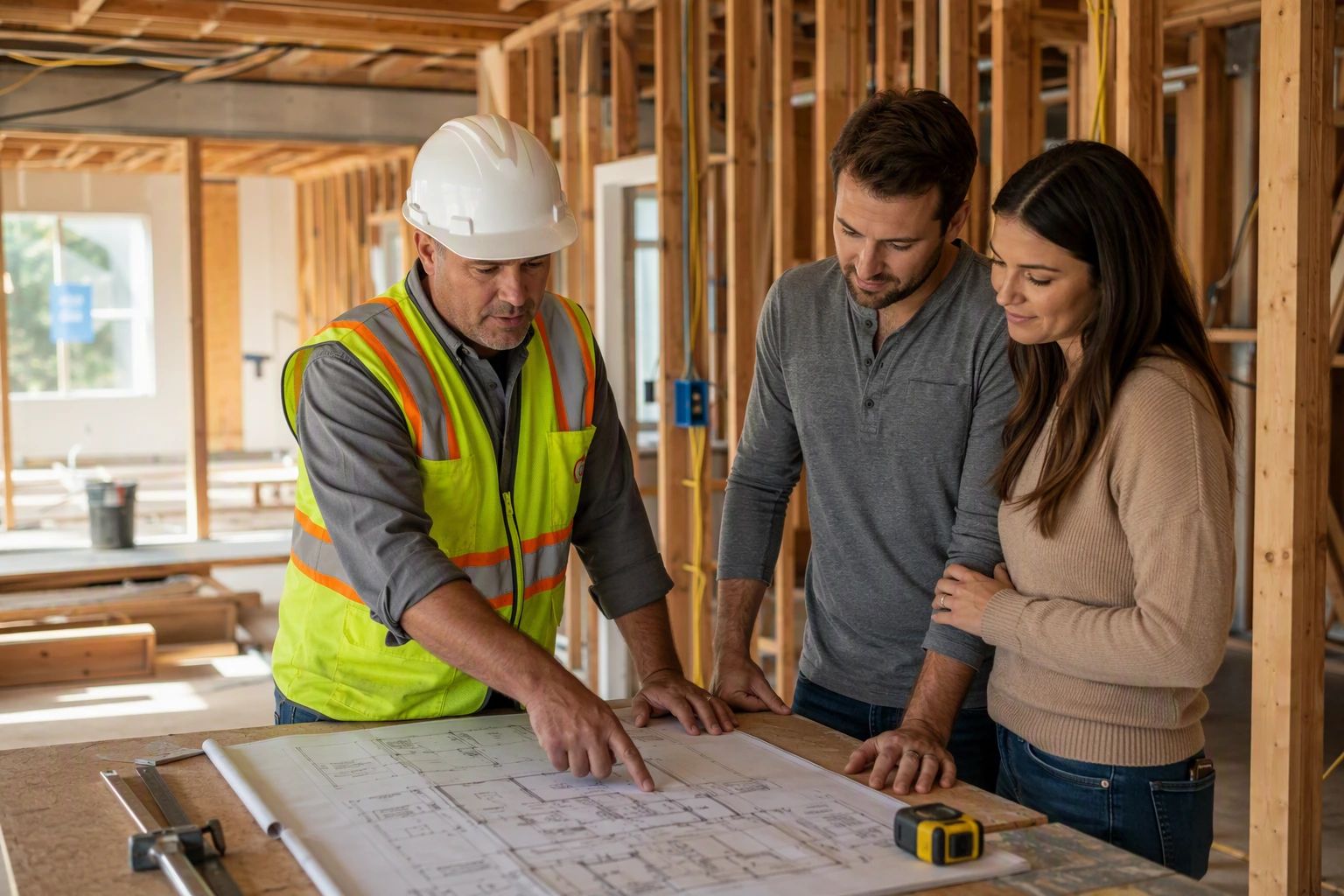 Supreme Remodeling foreman reviewing blueprints with homeowners on site