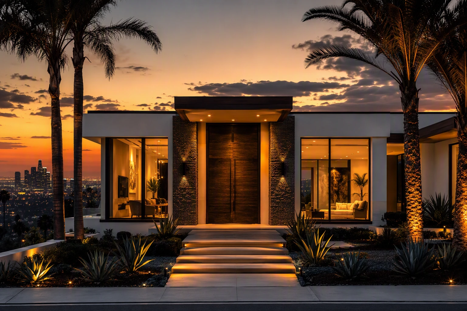 Renovated modern Los Angeles hillside home at dusk with warm interior lighting