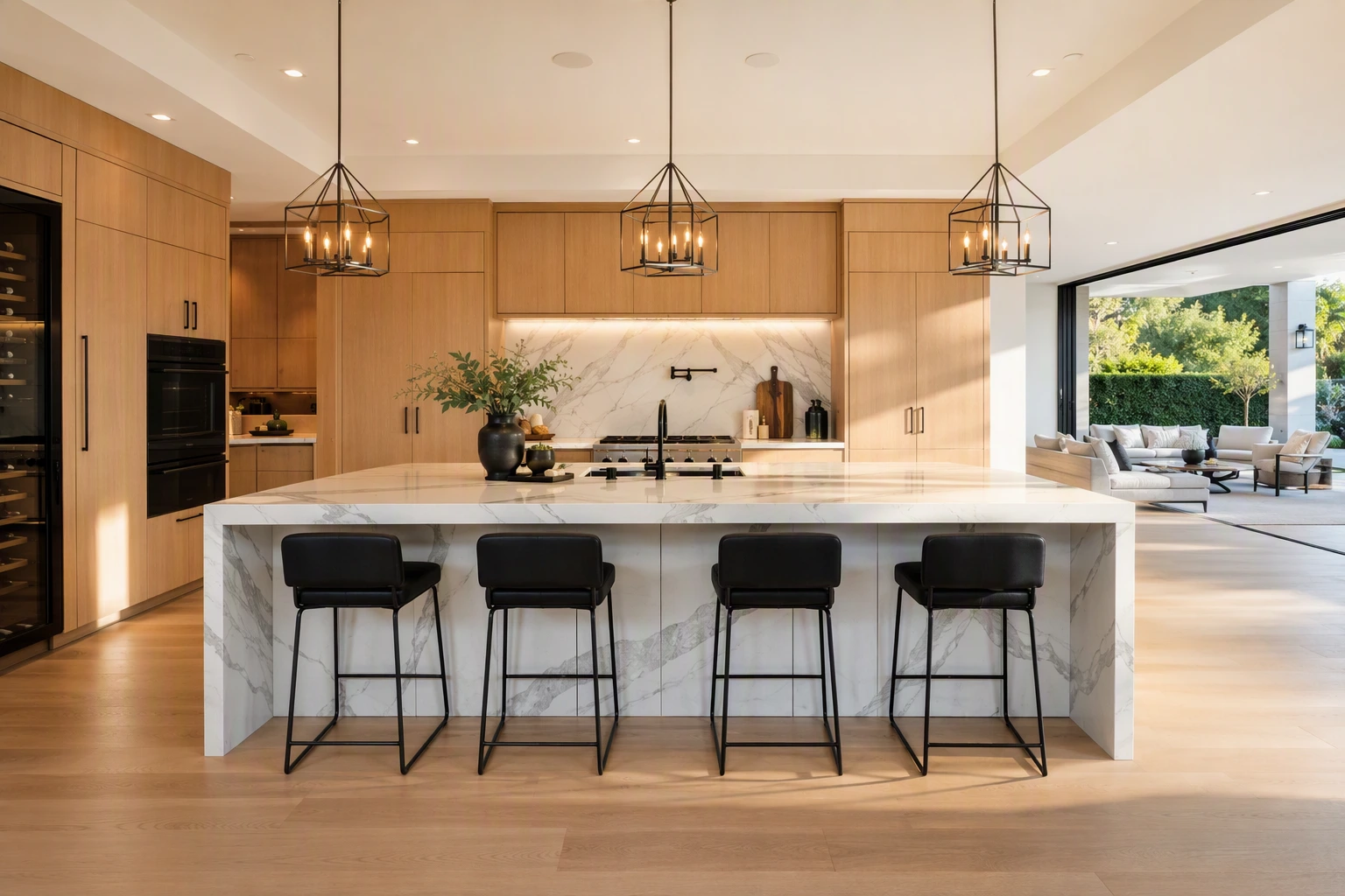 Luxury remodeled kitchen with quartz waterfall island and white oak cabinetry